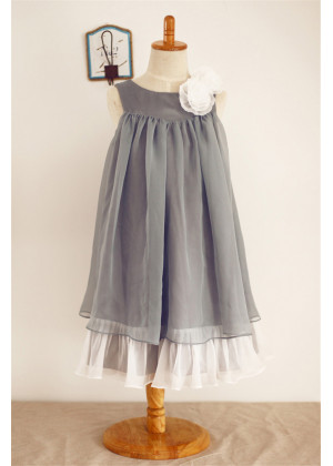 Gray Chiffon Beach Wedding Flower Girl Dress With Ivory Flowers